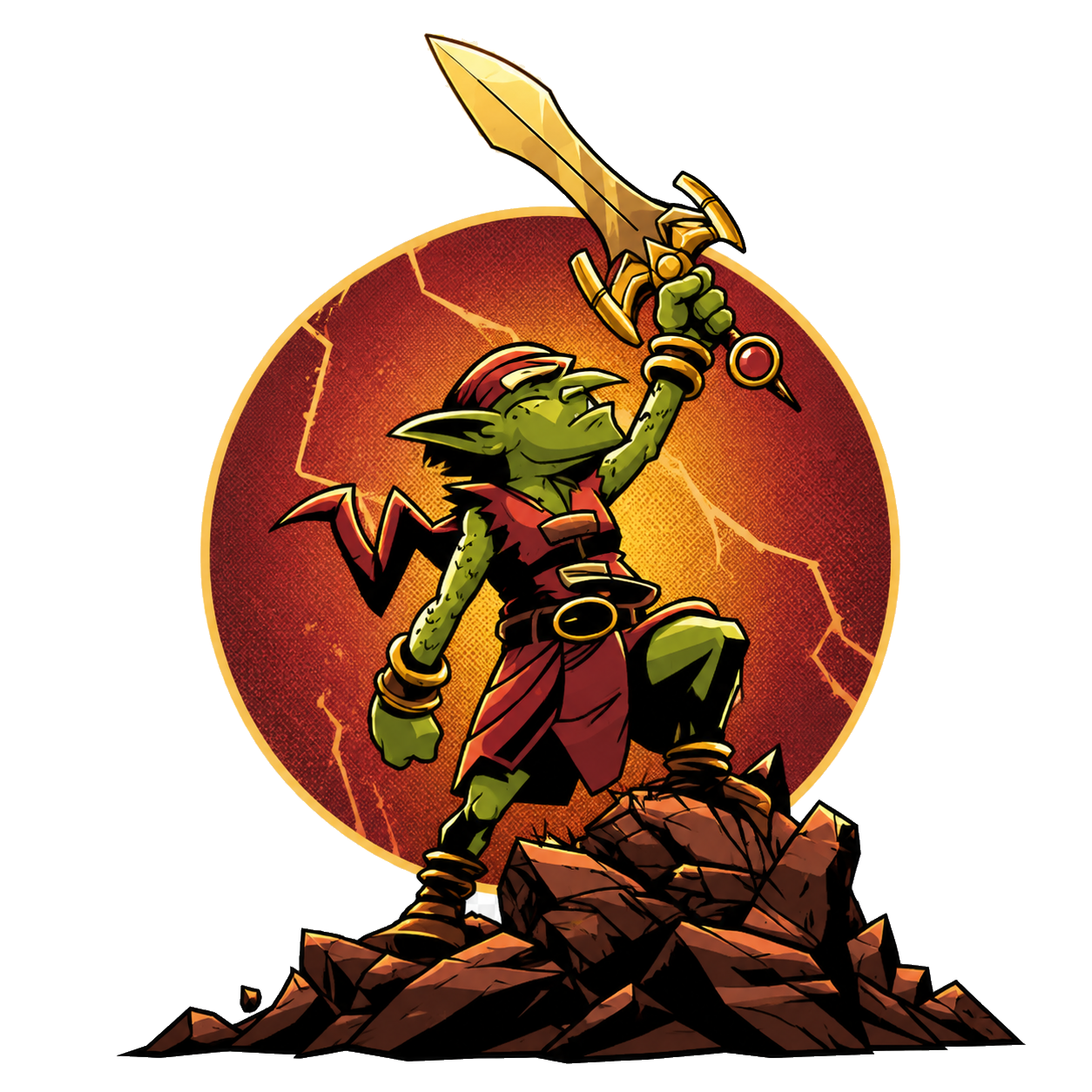 The Red Goblin raising a glowing golden sword atop a pile of rubble